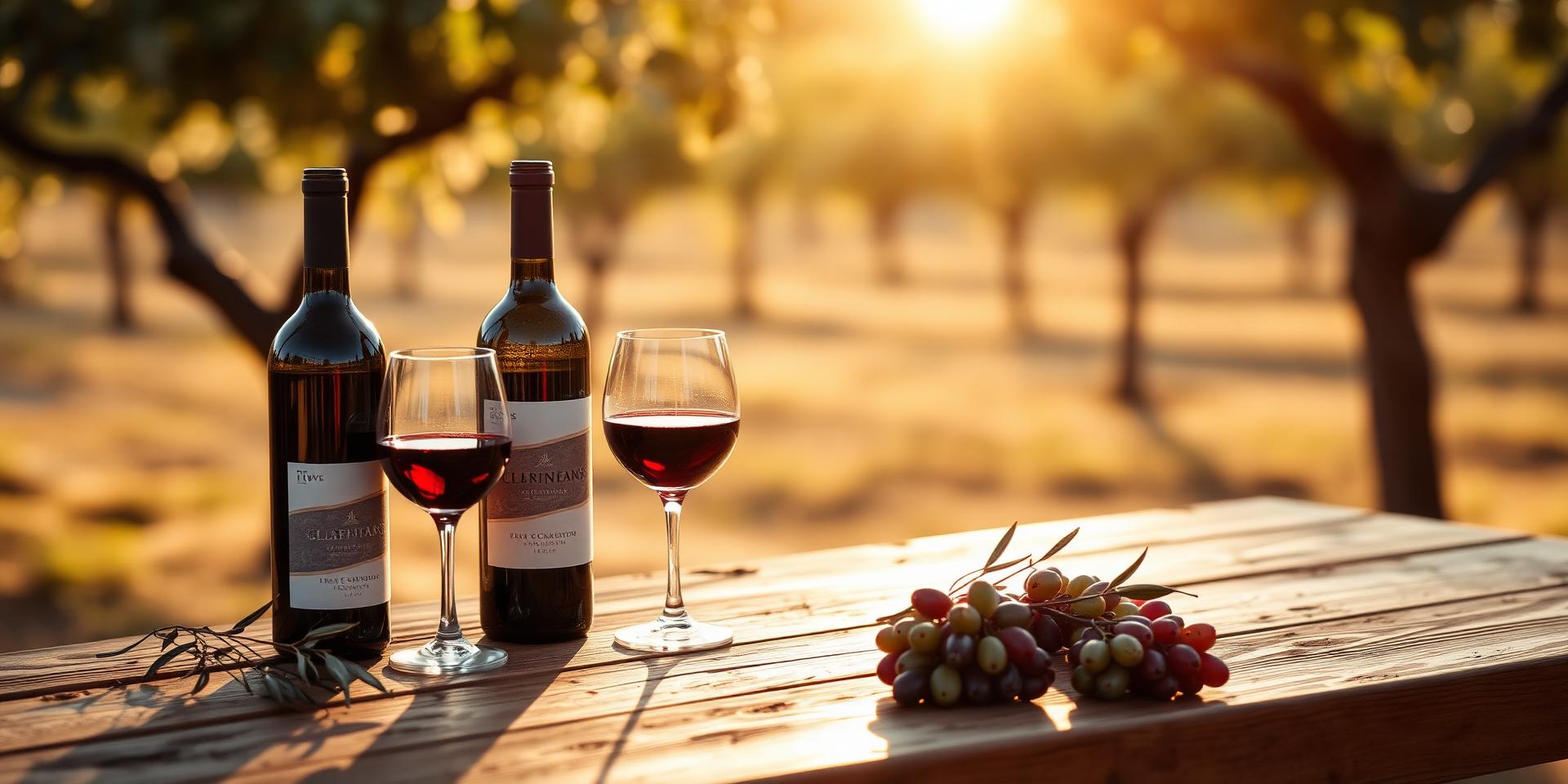 Bottles and glasses of red wine on a rustic table at golden hour in a family vineyard